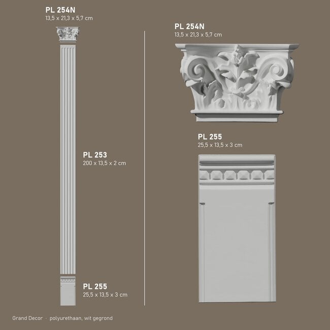 Grand Decor Pilasterset PL255 + PL253 + PL254N - polyurethaan, hoogte 239 cm