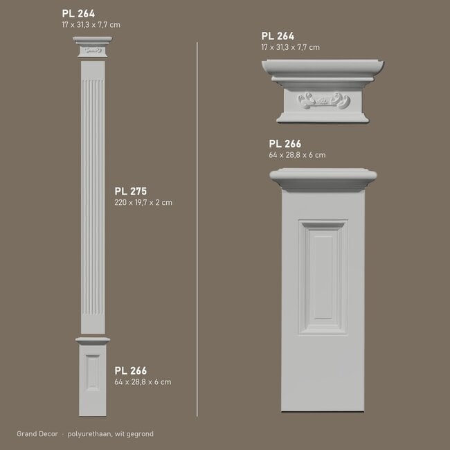 Grand Decor Pilasterset PL266 + PL275 + PL264 - polyurethaan, hoogte 301 cm