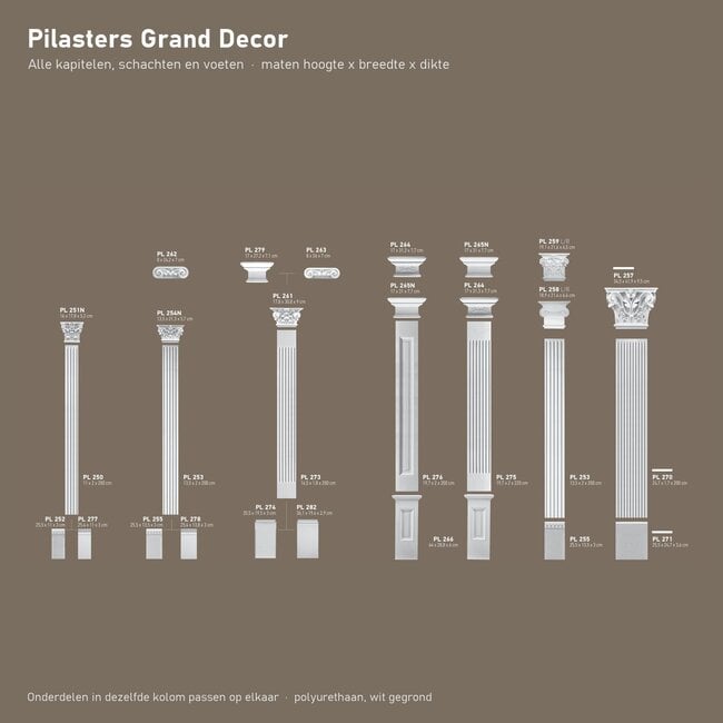 Grand Decor Pilasterset PL271 + PL270 + PL257 - polyurethaan, hoogte 260 cm