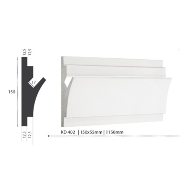Tesori LED sierlijst voor indirecte verlichting XPS, KD402 (150 x 55 mm), lengte 1,15 m - Verzonken / Semi-Verzonken