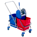 Huchem Mopwagen Chrom mit Presse und 2 Eimern à 25 L | Doppelfahreimer rot/blau | Profi