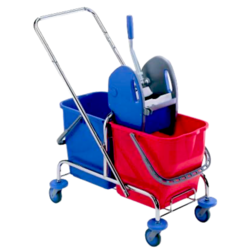 Mopwagen Chrom mit Presse und 2 Eimern à 25 L | Doppelfahreimer rot/blau | Profi