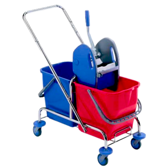 Huchem Mopwagen Chrom mit Presse und 2 Eimern à 25 L | Doppelfahreimer rot/blau | Profi