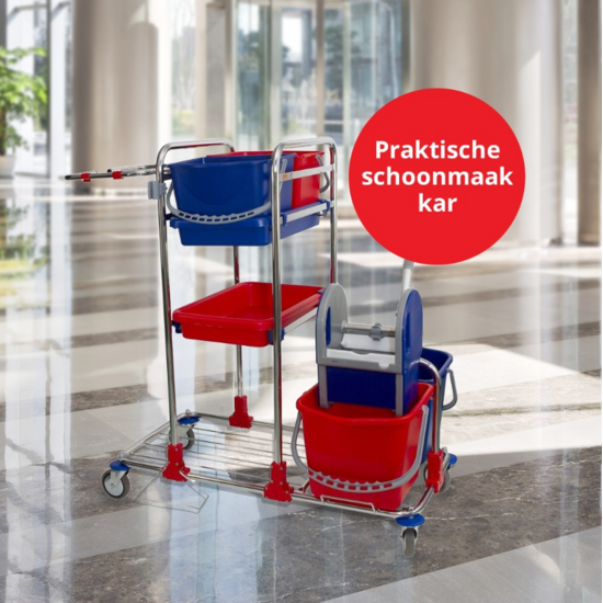 Huchem Reinigungswagen Chrom | Basis-Systemwagen mit 2 Trays rot/blau | erweiterbar