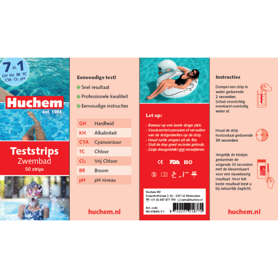 Huchem Pool-Teststreifen 7 in 1 | 50 Stück | pH, Chlor, Brom, Alkalinität, Cyanursäure