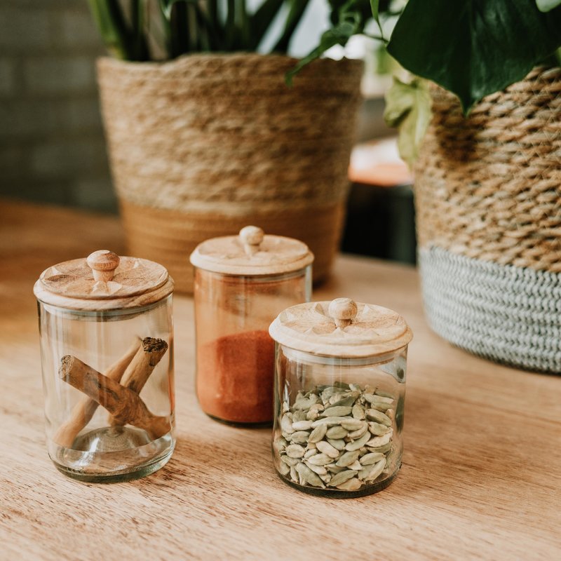 Set of 3 Wood Spice Jars Wooden Lids