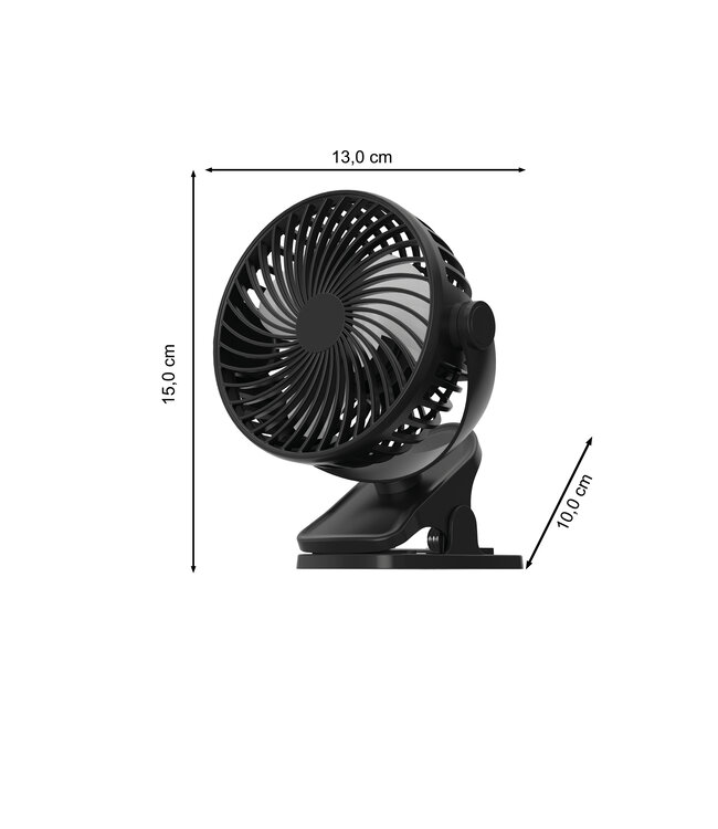 Clip-On Black oplaadbare mini ventilator zwart met klem