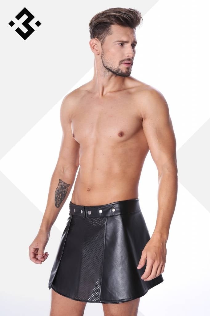 * Code8 by XXX COLLECTION Zwart leren heren rok met mesh aan de voorzijde (XS) afbeelding