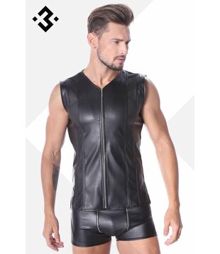 Zwart leren heren shirt met mesh  (XS-3XL-4XL)