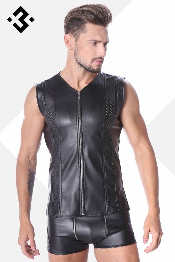 * Code8 by XXX COLLECTION Zwart leren heren shirt met mesh (XS-3XL-4XL) afbeelding