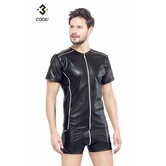 Eco-leder shirt met Mesh mouwen zilverkleurige biezen en rits.