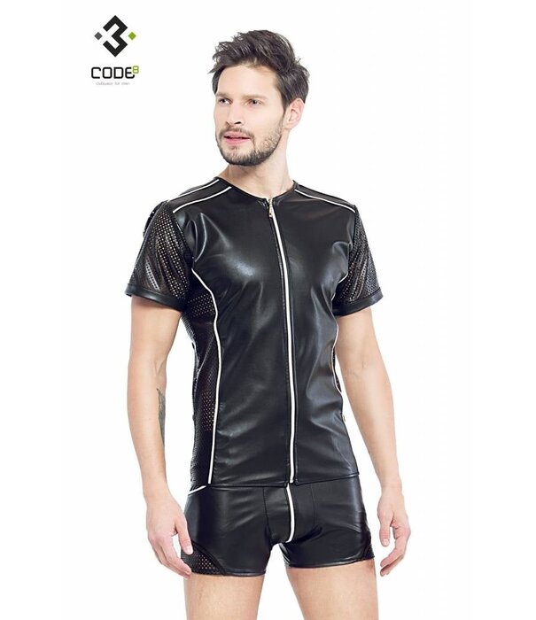 * Code8 by XXX COLLECTION Eco-leder shirt met Mesh mouwen zilverkleurige biezen en rits.