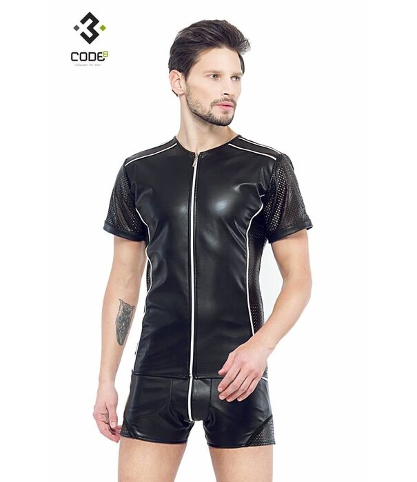 * Code8 by XXX COLLECTION Eco-leder shirt met Mesh mouwen zilverkleurige biezen en rits.