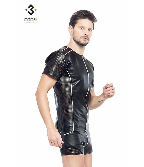 * Code8 by XXX COLLECTION Eco-leder shirt met Mesh mouwen zilverkleurige biezen en rits.