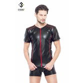 Eco-leder shirt met Mesh mouwen rode biezen en rits.