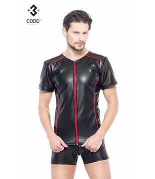 Eco-leder shirt met Mesh mouwen rood  (XS-XL)