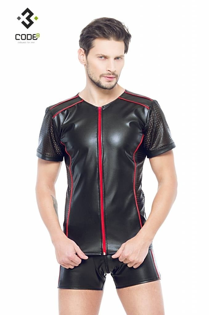 * Code8 by XXX COLLECTION Eco-leder shirt met Mesh mouwen rood (XS-XL) afbeelding