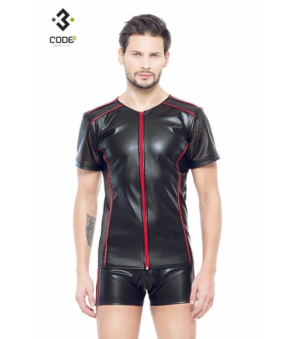 * Code8 by XXX COLLECTION Eco-leder shirt met Mesh mouwen rode biezen en rits.