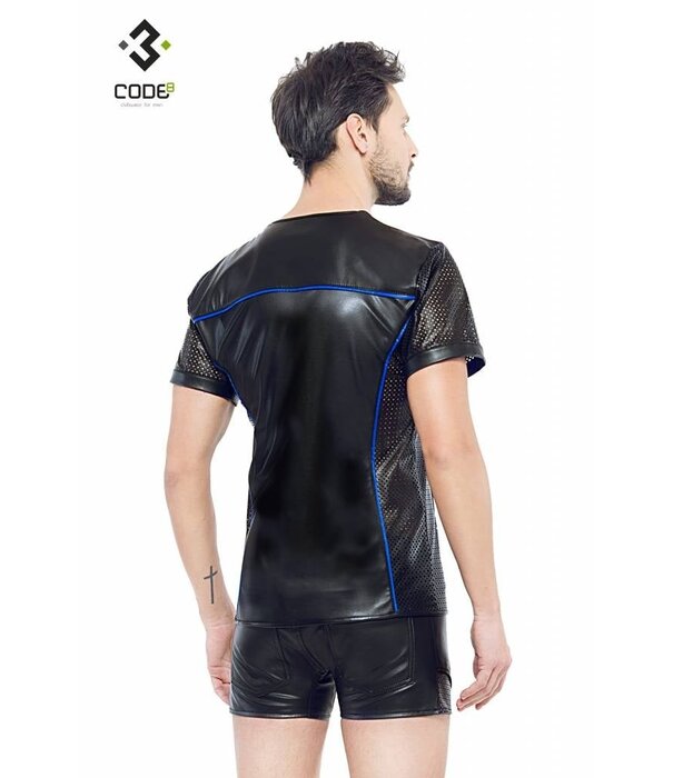 * Code8 by XXX COLLECTION Eco-leder shirt met Mesh mouwen blauwe biezen en rits.