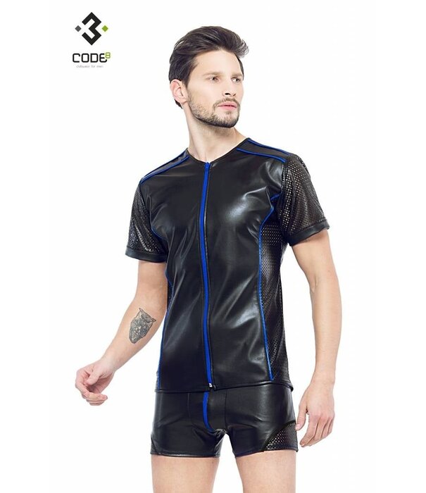 * Code8 by XXX COLLECTION Eco-leder shirt met Mesh mouwen blauwe biezen en rits.