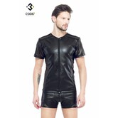 Eco-leder shirt met Mesh mouwen zwarte biezen en rits.