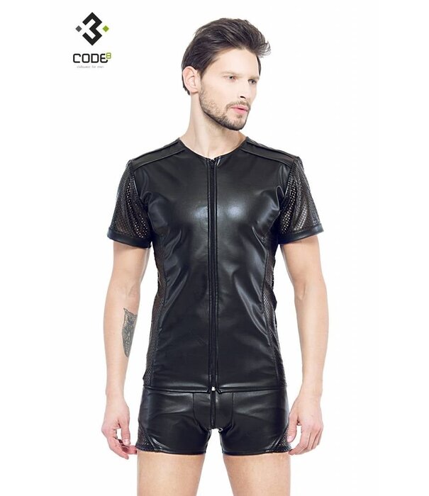 * Code8 by XXX COLLECTION Eco-leder shirt met Mesh mouwen zwarte biezen en rits.
