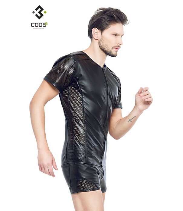* Code8 by XXX COLLECTION Eco-leder shirt met Mesh mouwen zwarte biezen en rits.