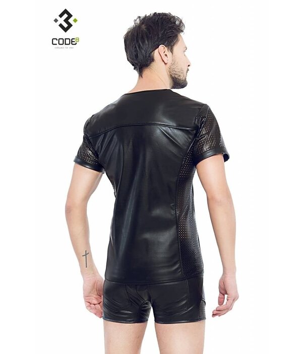 * Code8 by XXX COLLECTION Eco-leder shirt met Mesh mouwen zwarte biezen en rits.