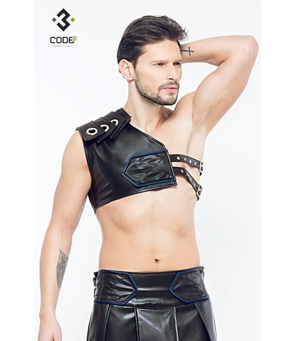 * Code8 by XXX COLLECTION Zwart leren heren Gladiator Harnas met blauwe bies