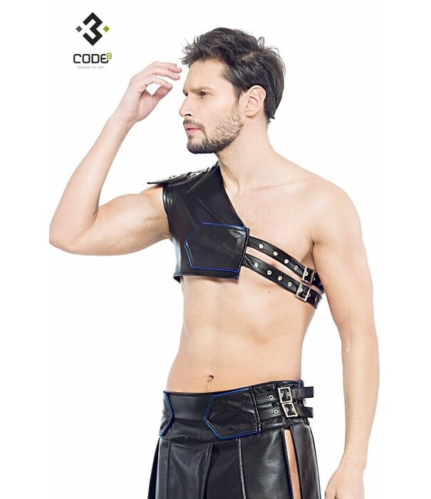* Code8 by XXX COLLECTION Zwart leren heren Gladiator Harnas met blauwe bies