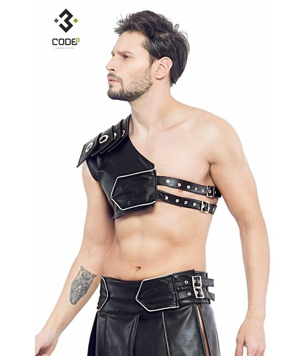 * Code8 by XXX COLLECTION Zwart leren heren Gladiator Harnas met zilverkleurige bies