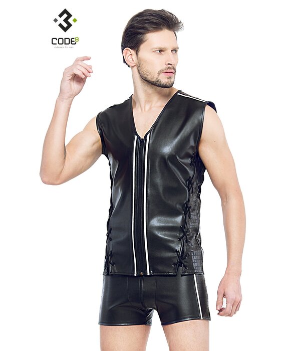 * Code8 by XXX COLLECTION Eco-leder mouwloos shirt met gekleurde biezen