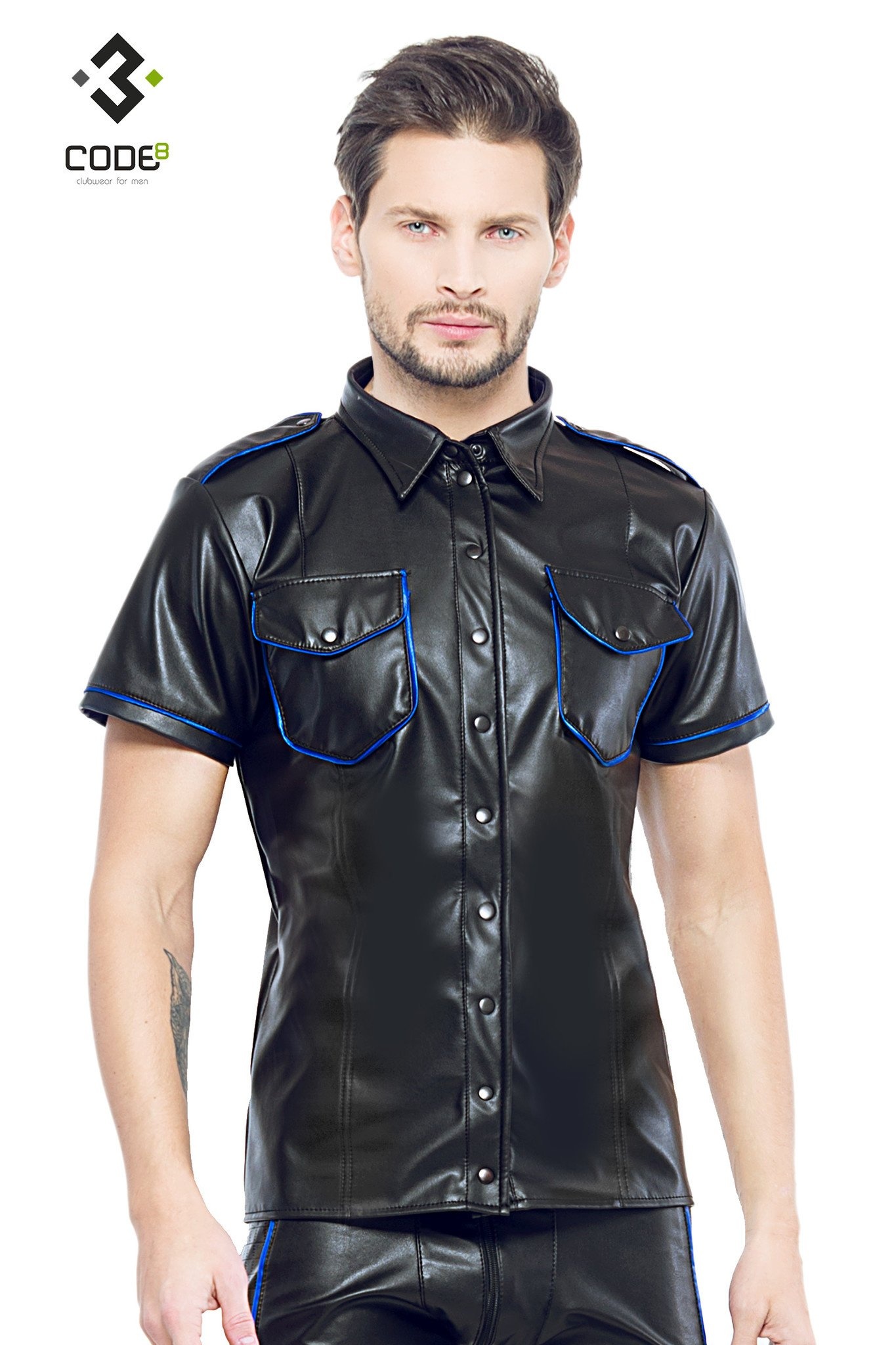 * Code8 by XXX COLLECTION Zwart leren heren shirt met blauwe biezen (S-M- 2XL) afbeelding