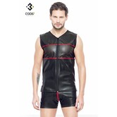 Eco-Leder Shirt met mesh aan voor en achterzijde en rode bies