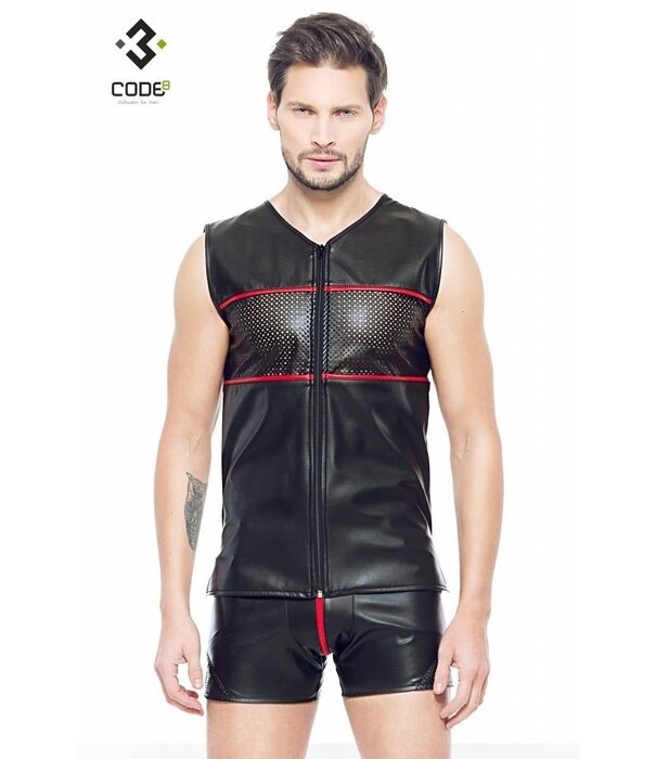* Code8 by XXX COLLECTION Eco-Leder Shirt met mesh aan voor en achterzijde en rode bies