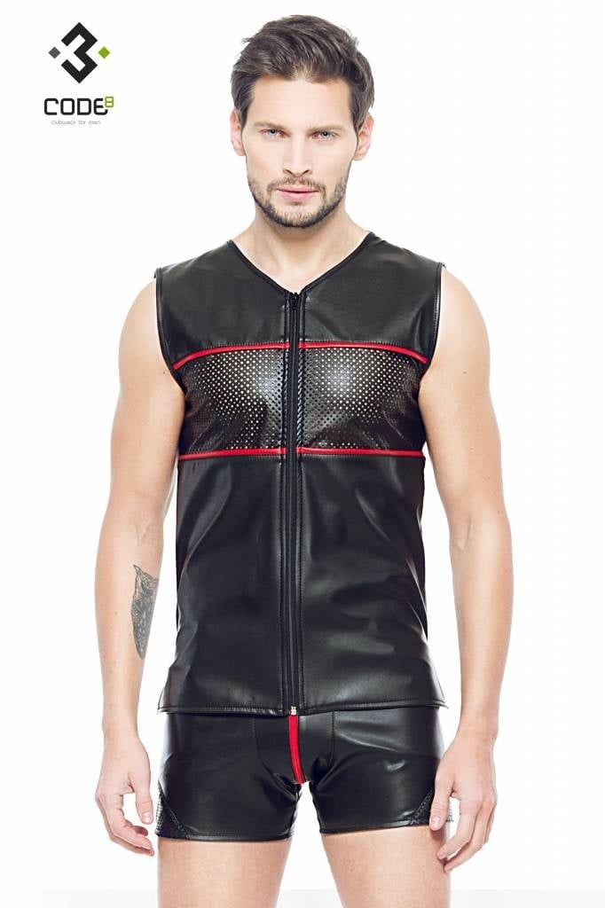 * Code8 by XXX COLLECTION Eco-leder mouwloos shirt met rode bies (XS-S-M-4XL) afbeelding