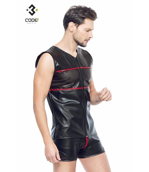 * Code8 by XXX COLLECTION Eco-Leder Shirt met mesh aan voor en achterzijde en rode bies