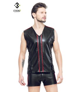 Eco-leder mouwloos shirt met rood (XS-S-2XL-3XL)