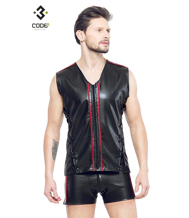 * Code8 by XXX COLLECTION Eco-leder mouwloos shirt met rood gekleurde biezen