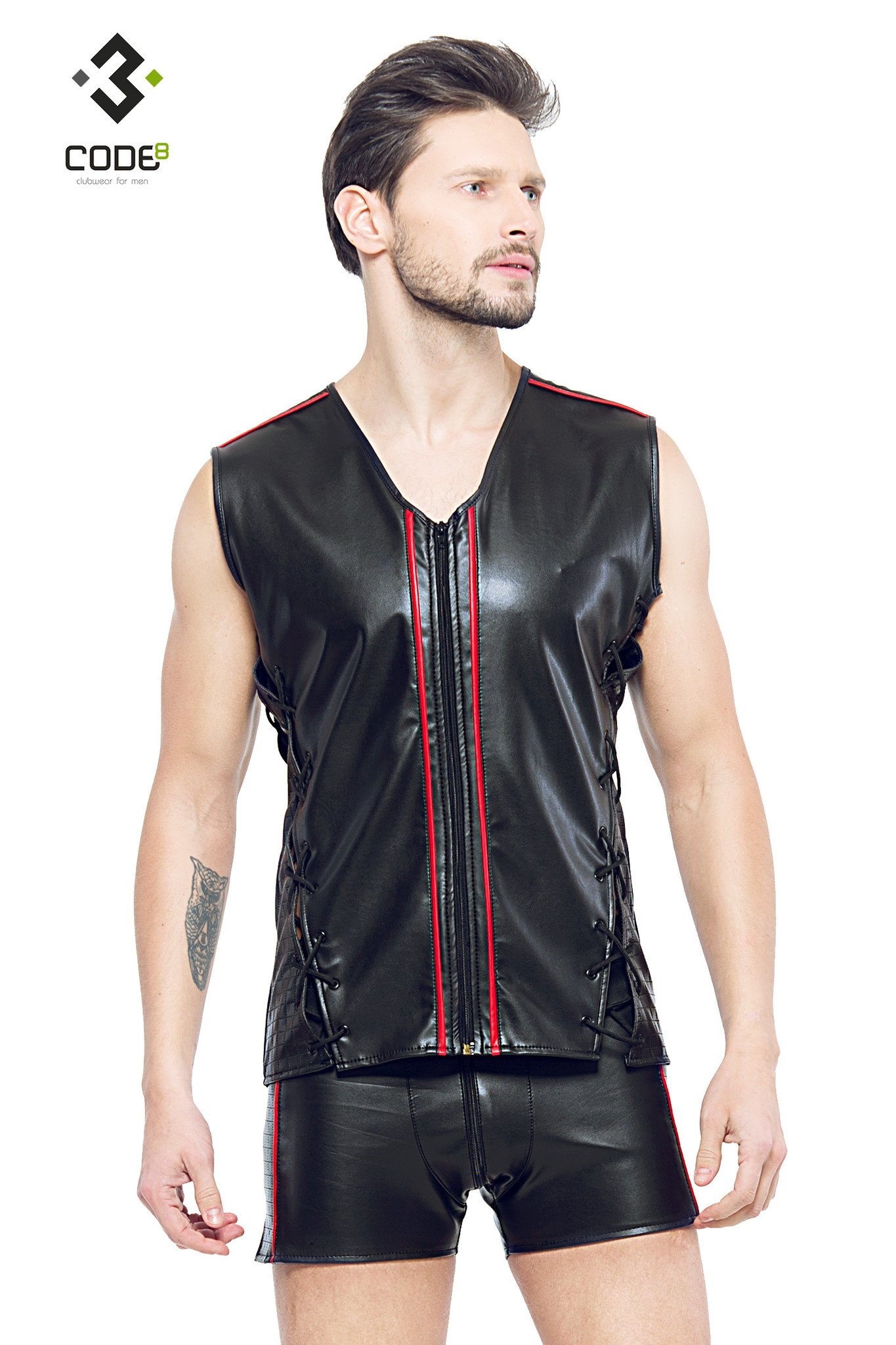 * Code8 by XXX COLLECTION Eco-leder mouwloos shirt met rood (XS-S-2XL-3XL) afbeelding
