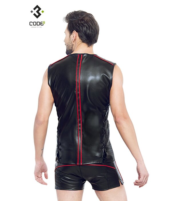 * Code8 by XXX COLLECTION Eco-leder mouwloos shirt met rood gekleurde biezen
