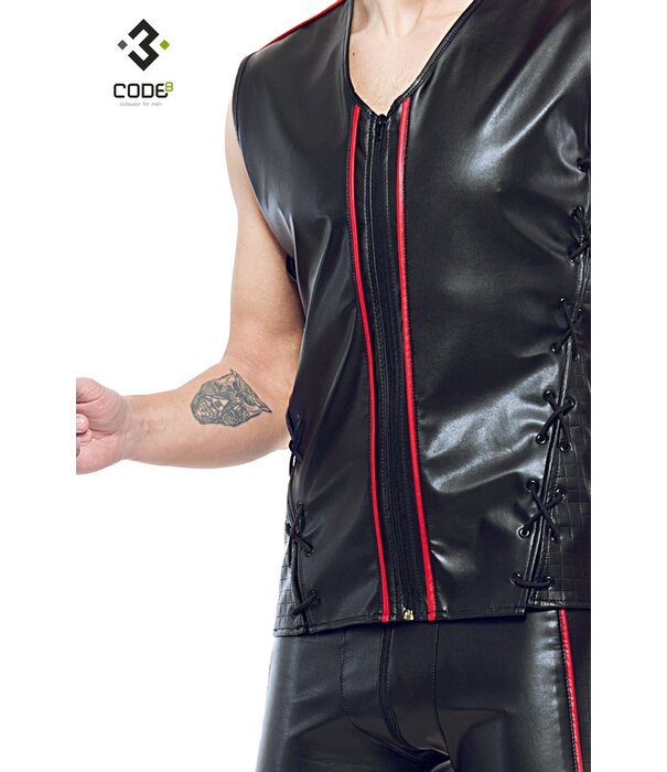 * Code8 by XXX COLLECTION Eco-leder mouwloos shirt met rood gekleurde biezen