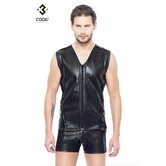 Eco-leder mouwloos shirt met zwart gekleurde biezen