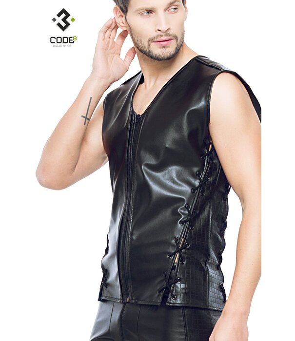 * Code8 by XXX COLLECTION Eco-leder mouwloos shirt met zwart gekleurde biezen