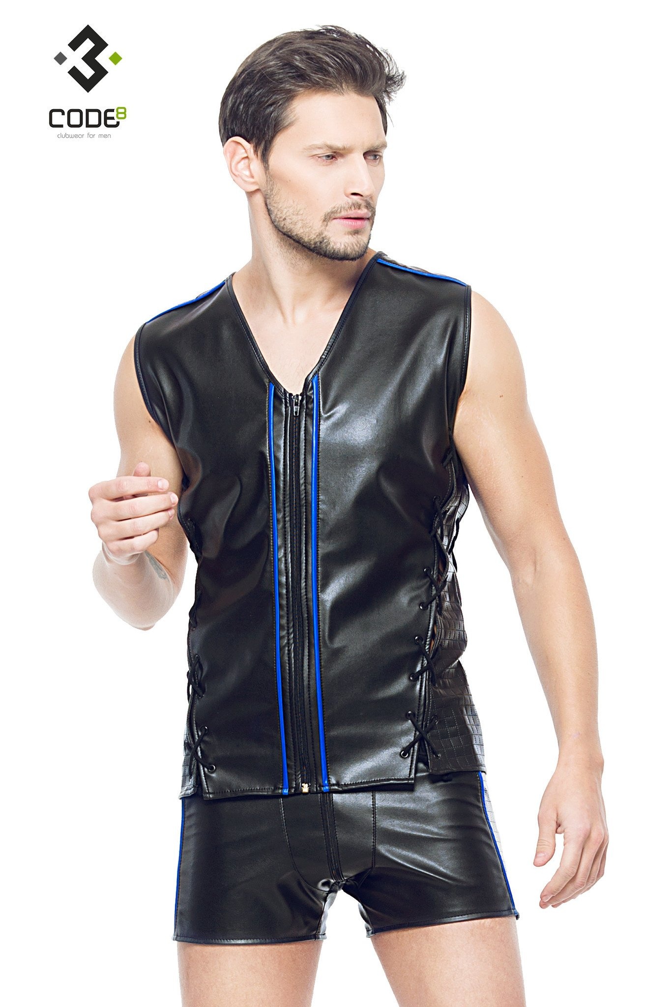 * Code8 by XXX COLLECTION Eco-leder mouwloos shirt met blauw (XS-S-M-XL- 2XL) afbeelding