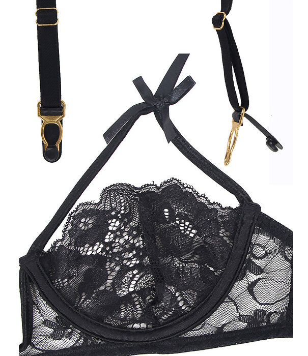 LAMOR Spannende zwarte kanten beha & slip met jarretelle