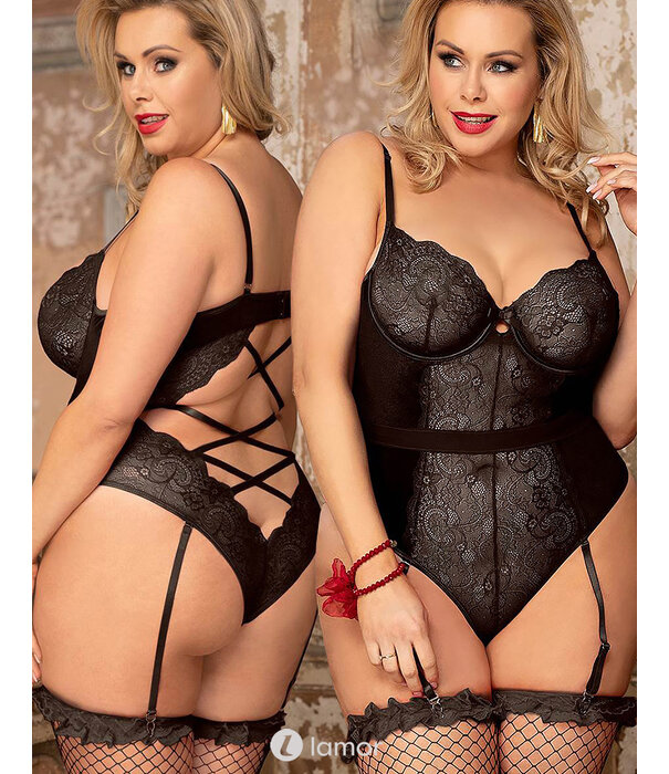 LAMOR Spannende zwarte body van kant en velours
