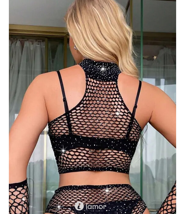 * Snapshot Sexy zwarte Net Top ,Short & Handshoenen met strass van het merk Snapshot