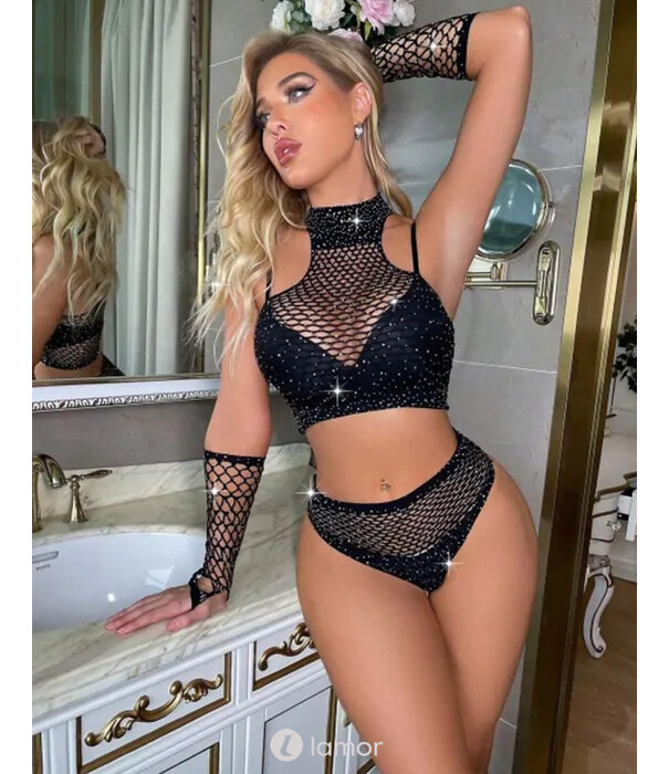 * Snapshot Sexy zwarte Net Top ,Short & Handshoenen met strass van het merk Snapshot