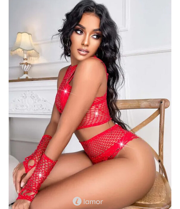* Snapshot Sexy rode Net Top ,Short & Handshoenen met strass van het merk Snapshot